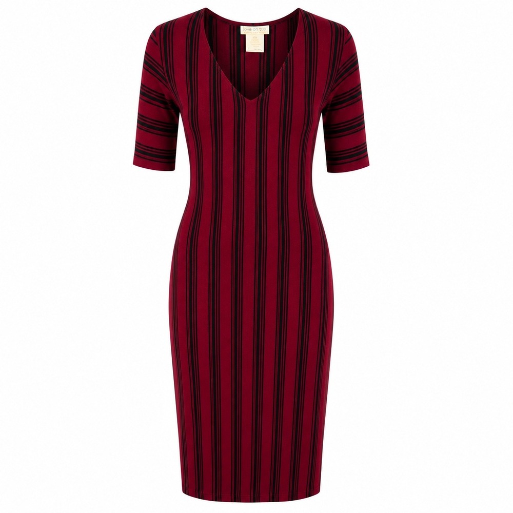 Burgundy Black Striped V Neck Stretch Knit Midi Dress S Bodycon Sheath‎ Indie